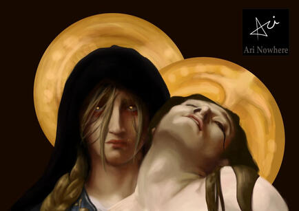 Portrait of Marika holding a dead Godwyn from Elden Ring, based on Bouguereau's Pietà.