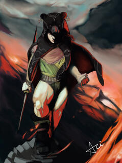 Illustration of a barbarian standing before a backdrop of fire and smoke.